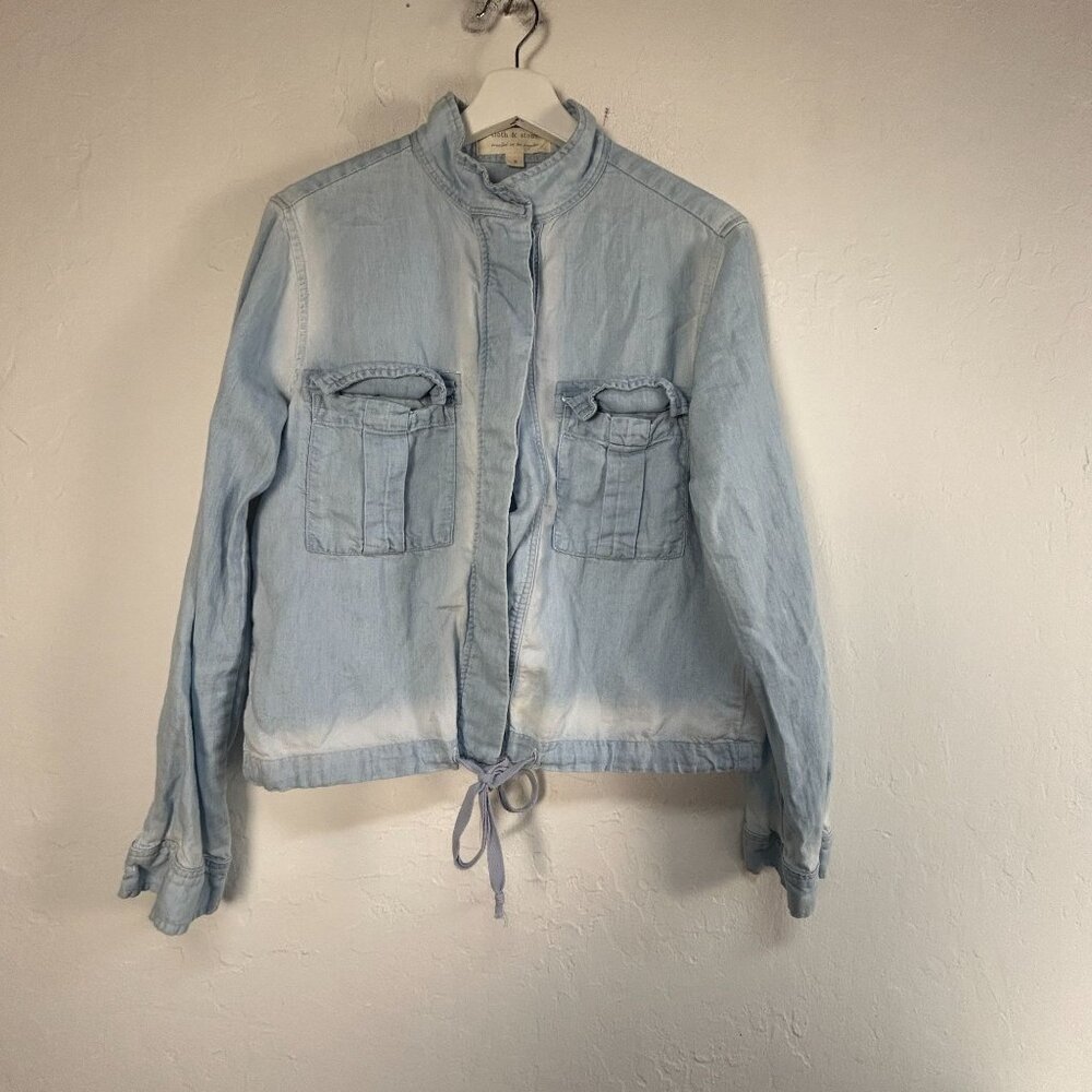Cloth & Stone Womens Light Blue Denim Look Crop Jacket Small Drawstring Pockets